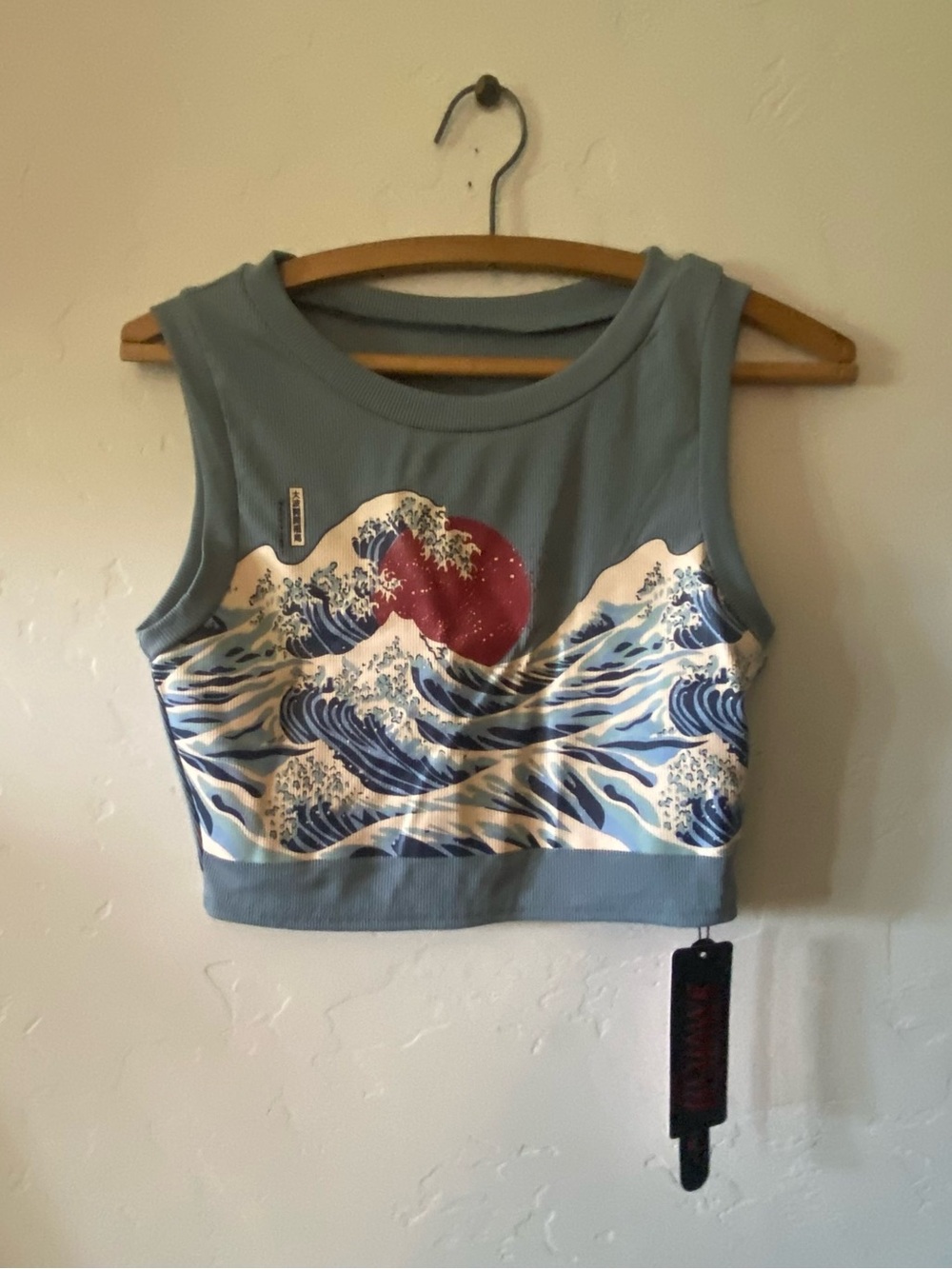 ROMWE Dusty Blue Graphic Wave Crop Tank with Red Sun